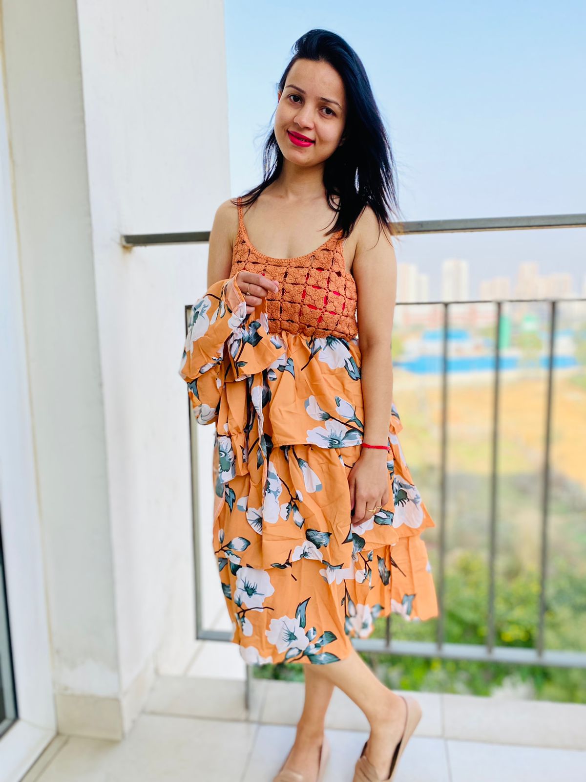 Floral print noodle strap ruffle dress