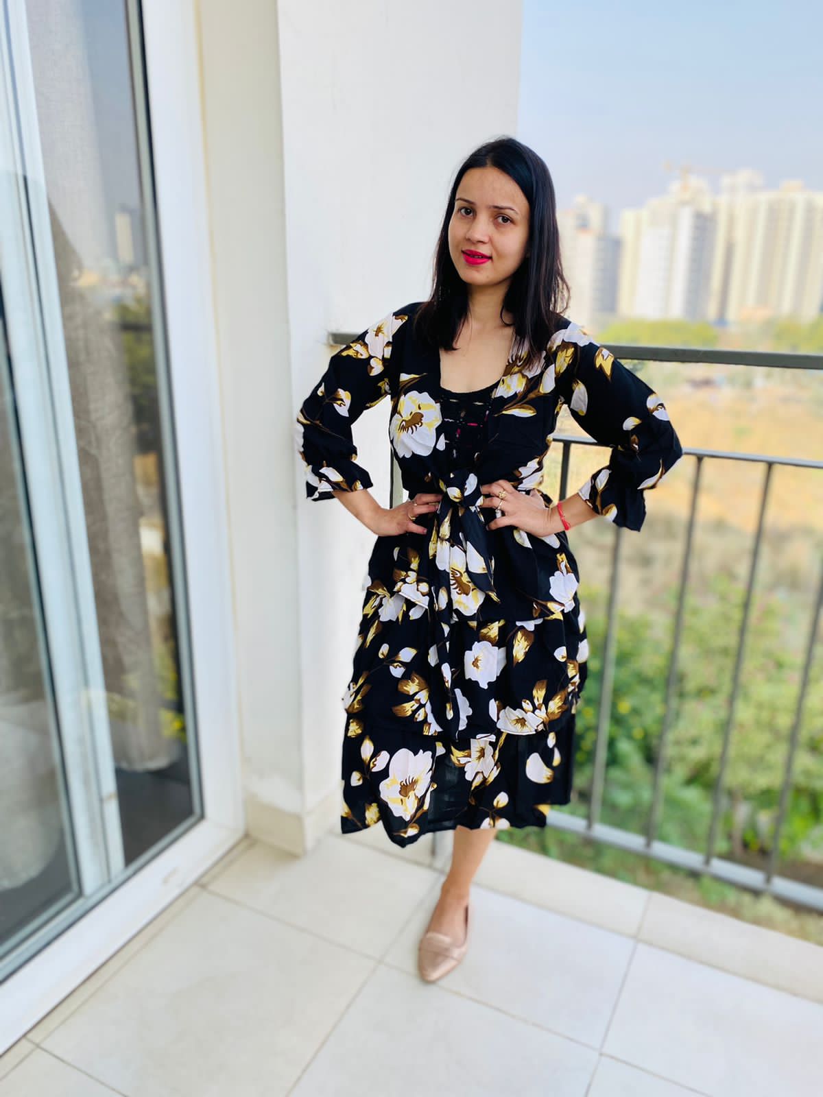 Floral print noodle strap ruffle dress
