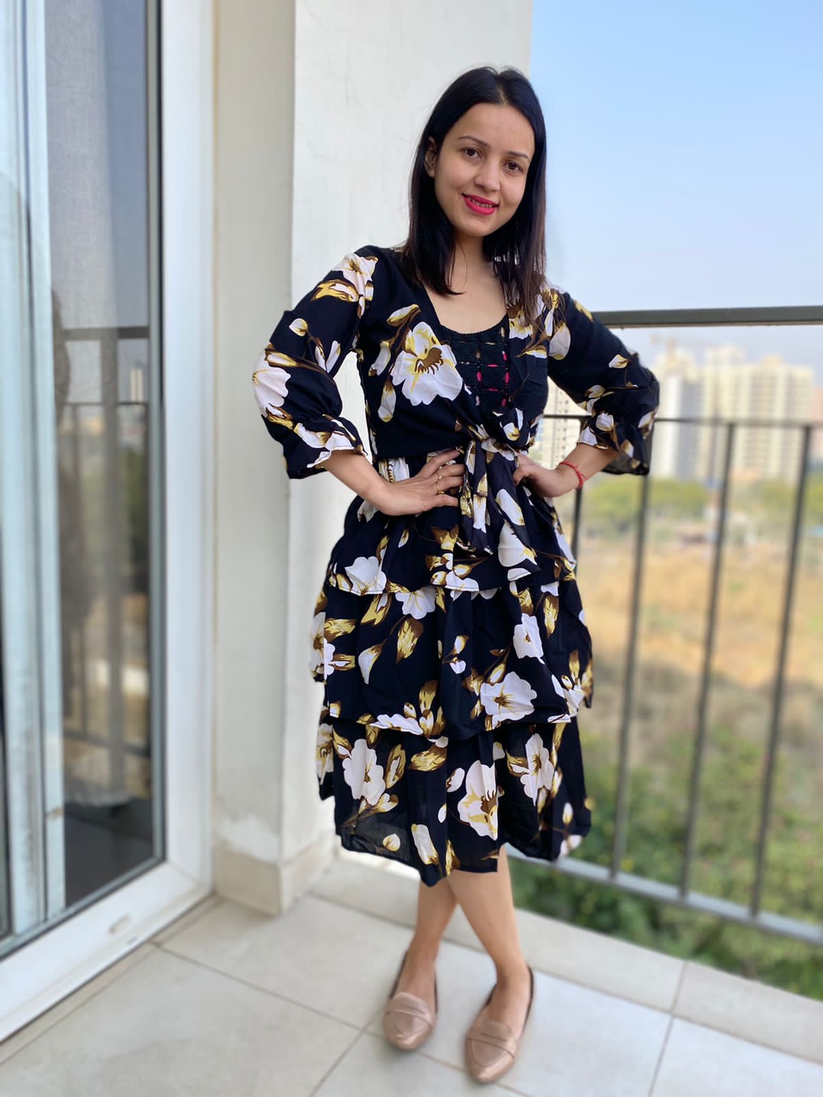 Floral print noodle strap ruffle dress