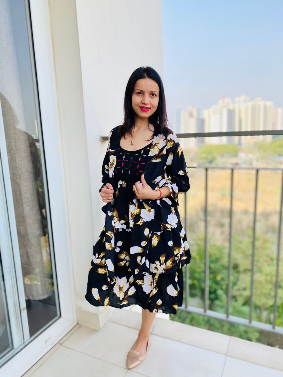 Floral print noodle strap ruffle dress
