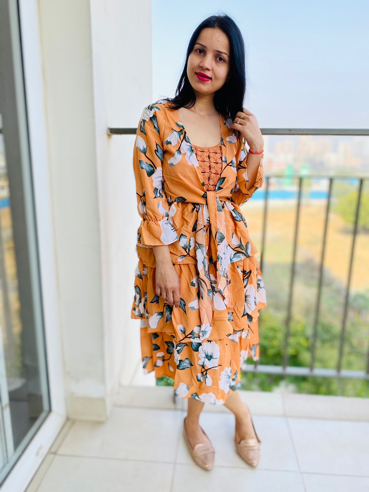 Floral print noodle strap ruffle dress