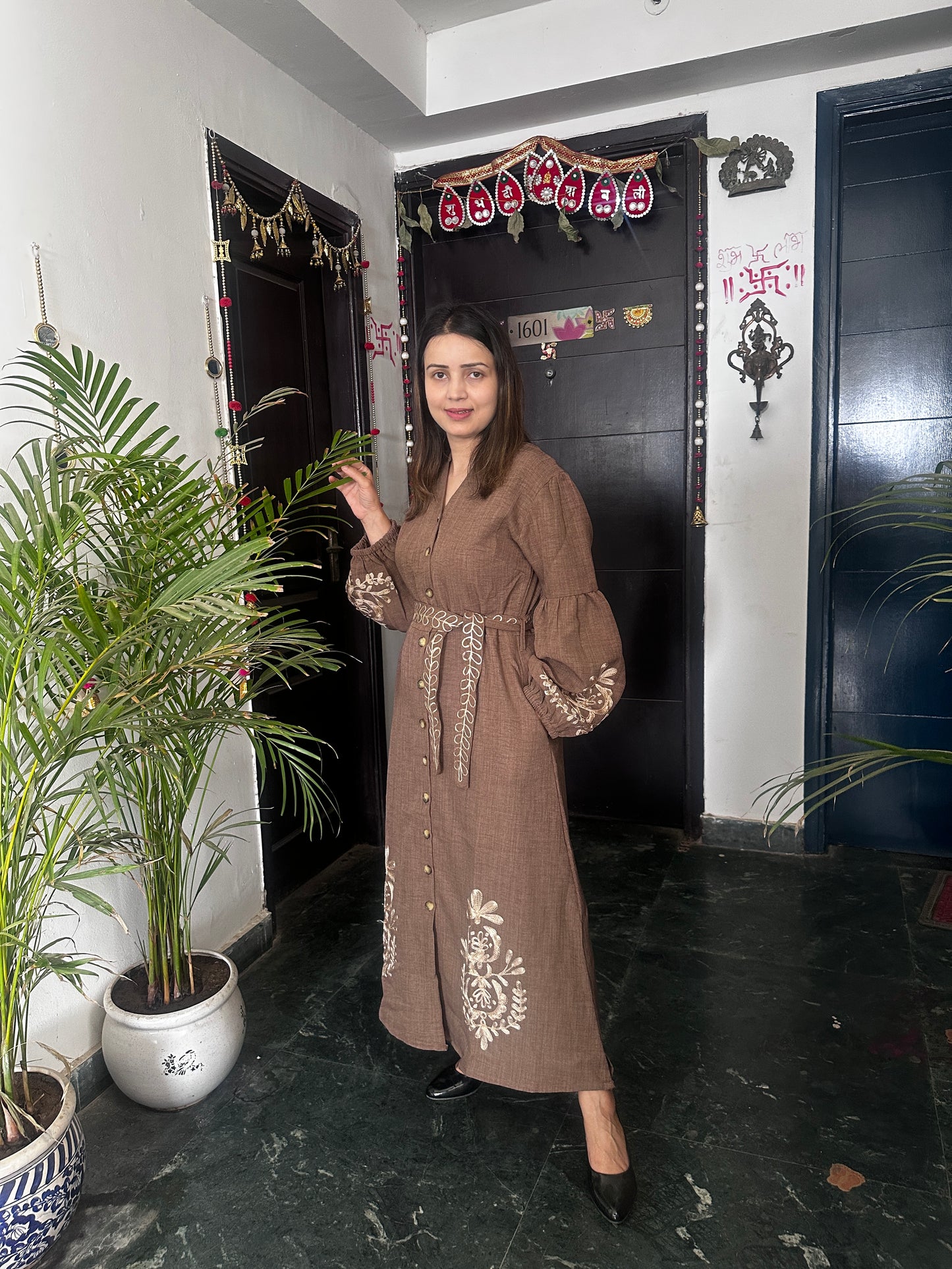 Embroidered Ankle-Length One-Piece Dress