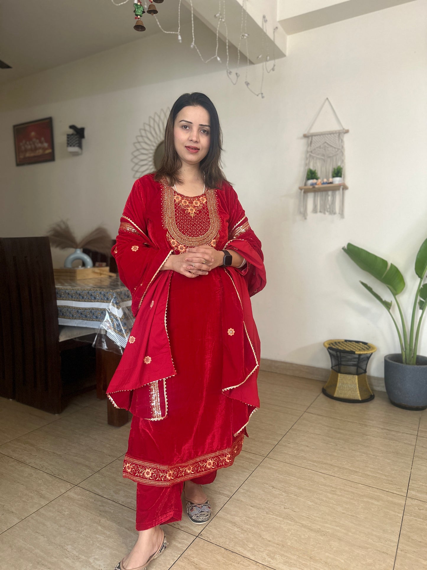 Fully stitched red velvet suit