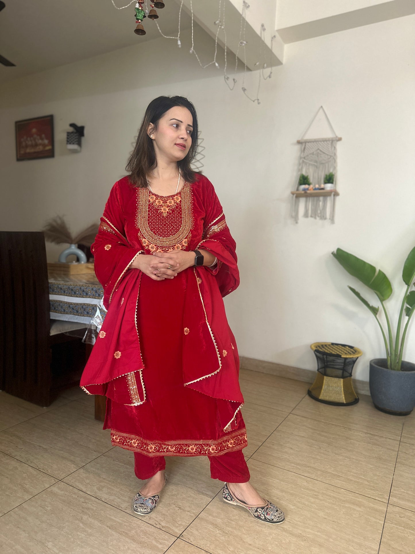 Fully stitched red velvet suit