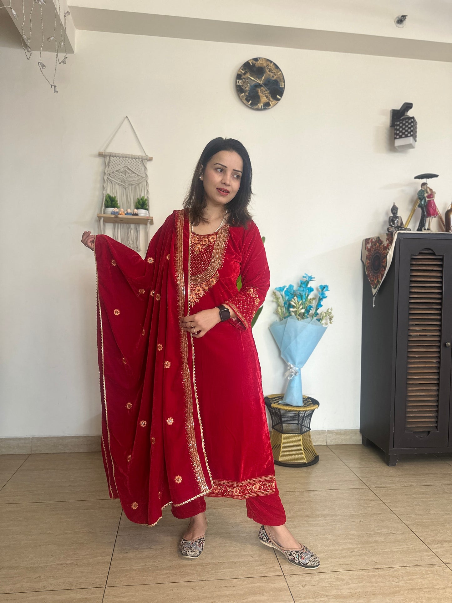 Fully stitched red velvet suit