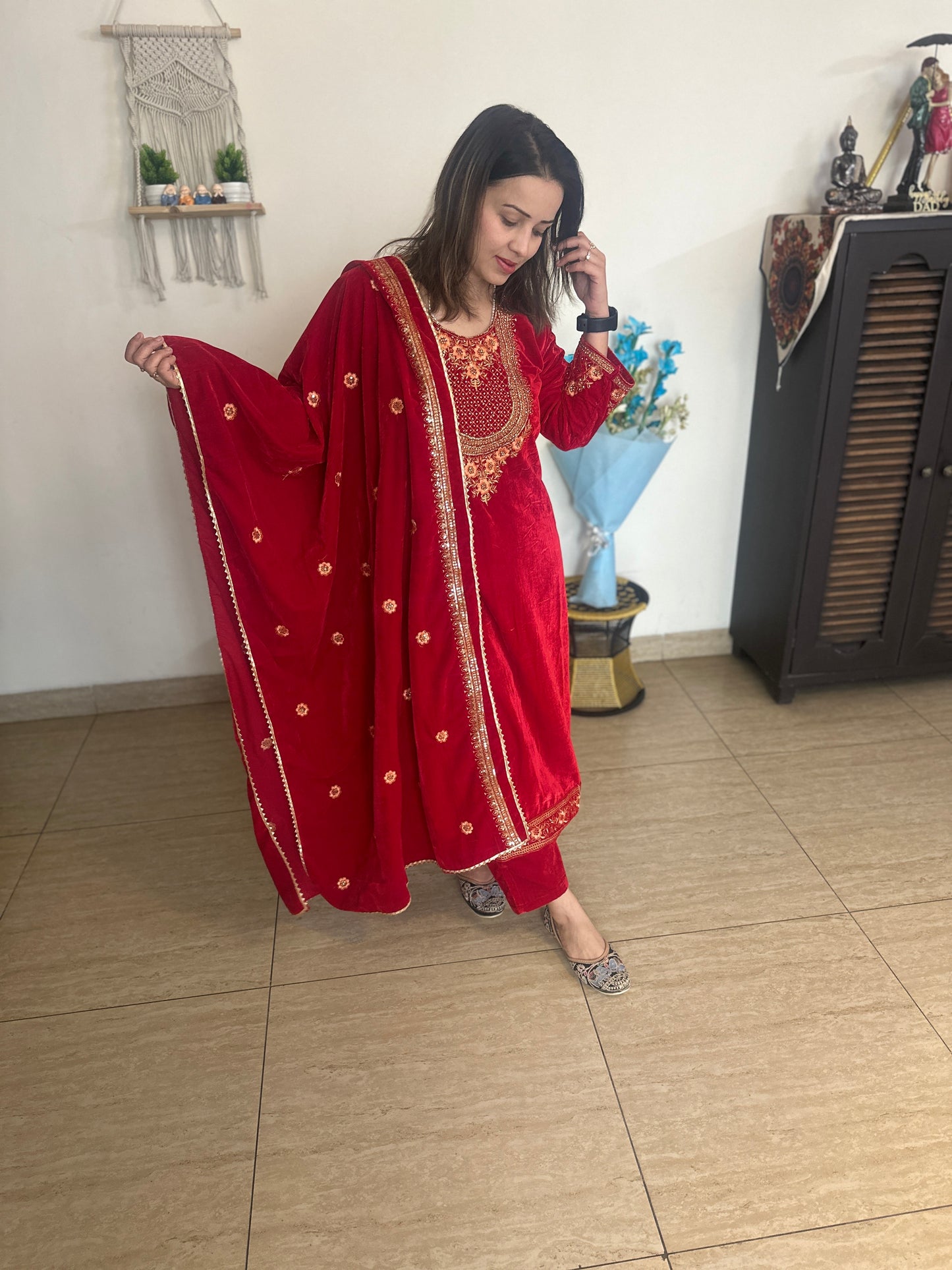 Fully stitched red velvet suit