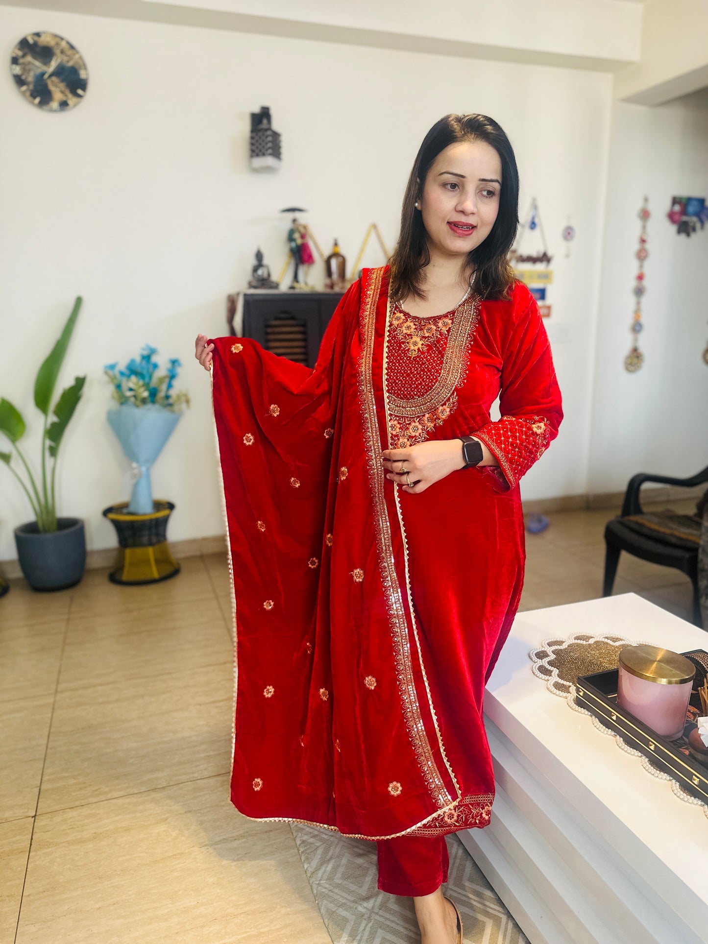 Fully stitched red velvet suit