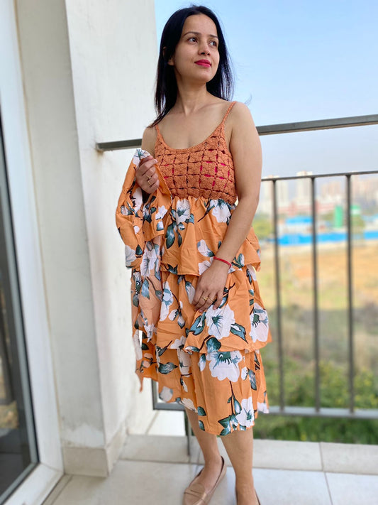 Floral print noodle strap ruffle dress