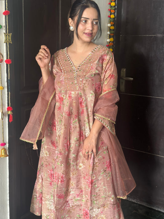 Fully stitched floral printed organza suit